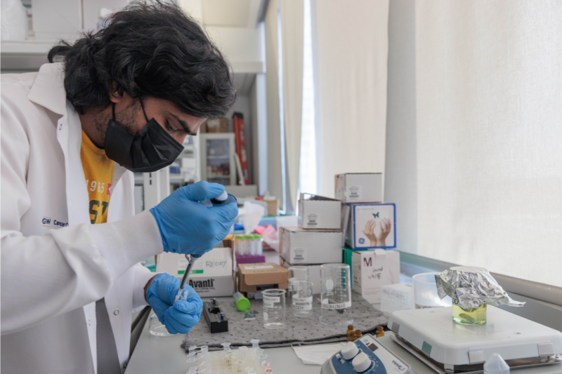 Lab work with blue gloves